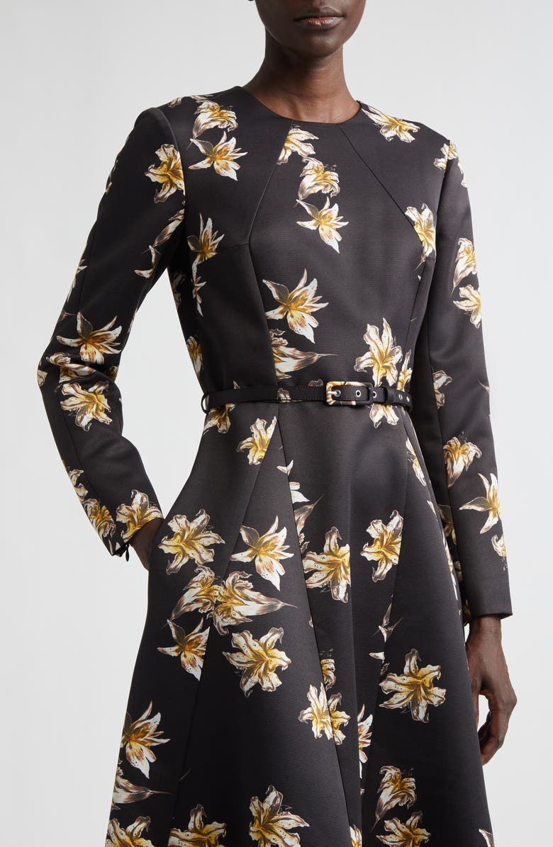 Emilia Wickstead Uccelina Festive Lillies Long Sleeve Belted Fit
Flare Faille Midi Dress, Alternate, color, Festive Lilies Black Yellow