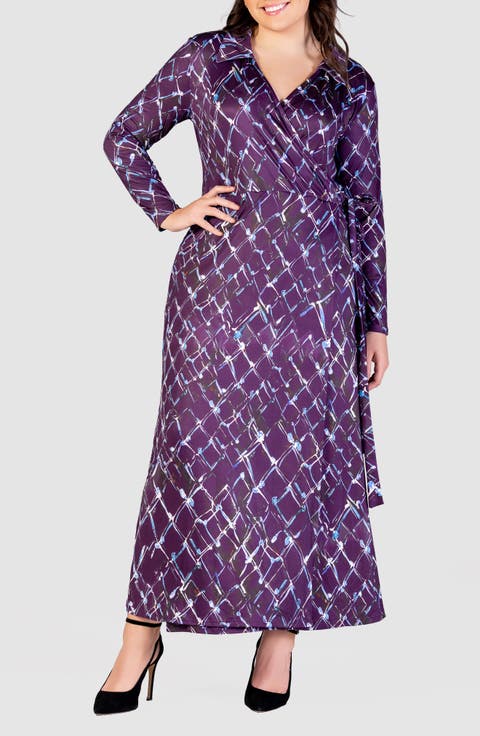 Abstract Print Long Sleeve Wrap Front Maxi Dress (Plus)