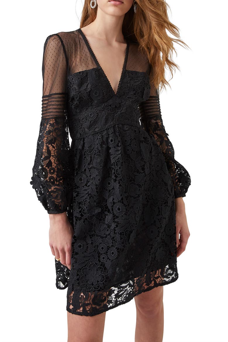 Long Sleeve Lace Minidress, Alternate, color, BLACK