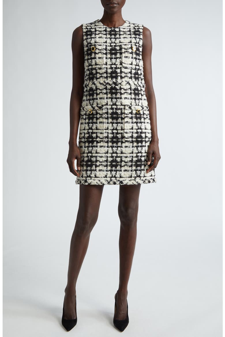 Plaid Sequin Eyelash Tweed Shift Dress, Main, color, BLACK/ ECRU MULTI