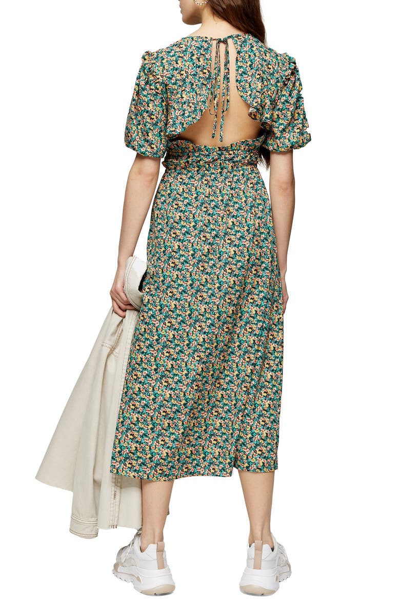 Floral Open Back Midi Dress, Alternate, color, GREEN MULTI