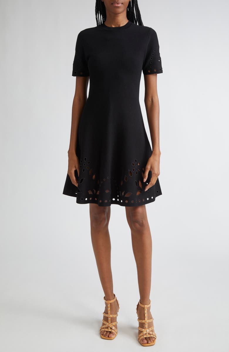 Ulla Johnson Fanna Eyelet Detail Knit Minidress, Main, color, Noir