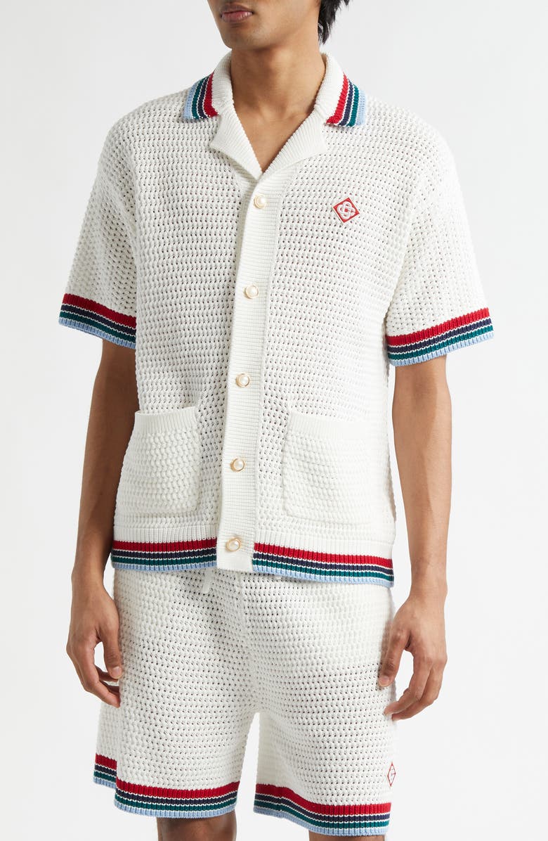 Casablanca Sporty Faux Crochet Cotton Short Sleeve Button-Up Shirt, Main, color, 