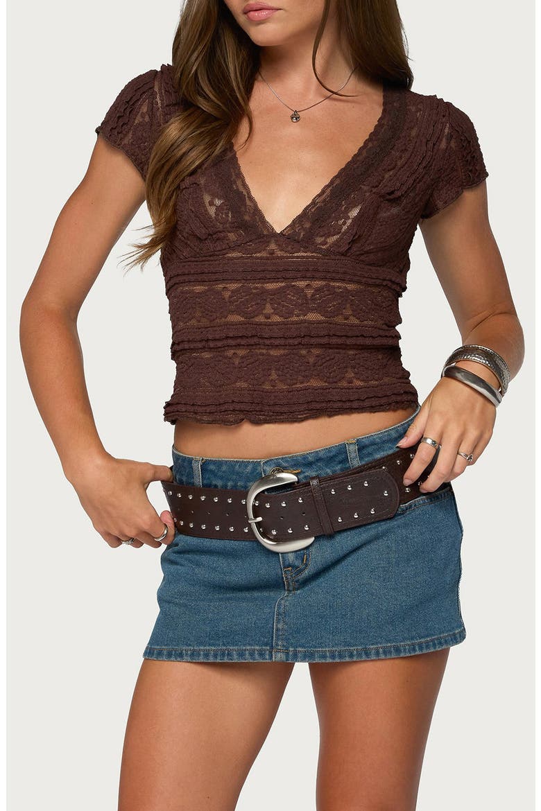 Avalee Plunge Neck Lace Crop Top, Main, color, BROWN