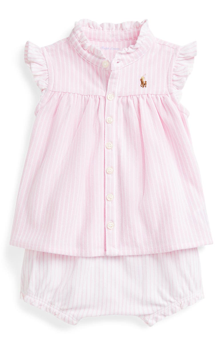 Ralph Lauren Stripe Cotton Piqué Ruffle Button-Up Shirt & Bloomers, Main, color, 