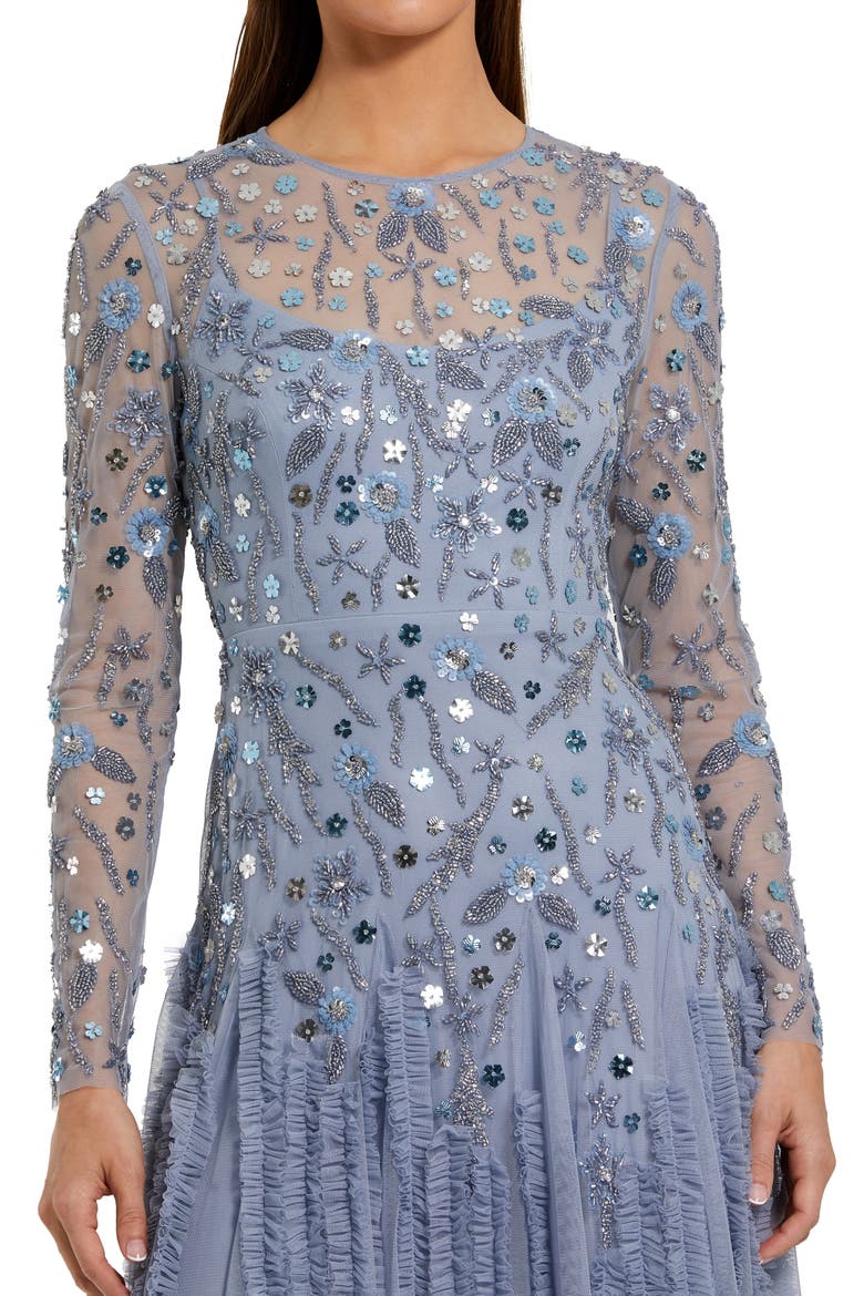 Embellished Mesh Long Sleeve Ruffle hem Gown, Alternate, color, Slate Blue