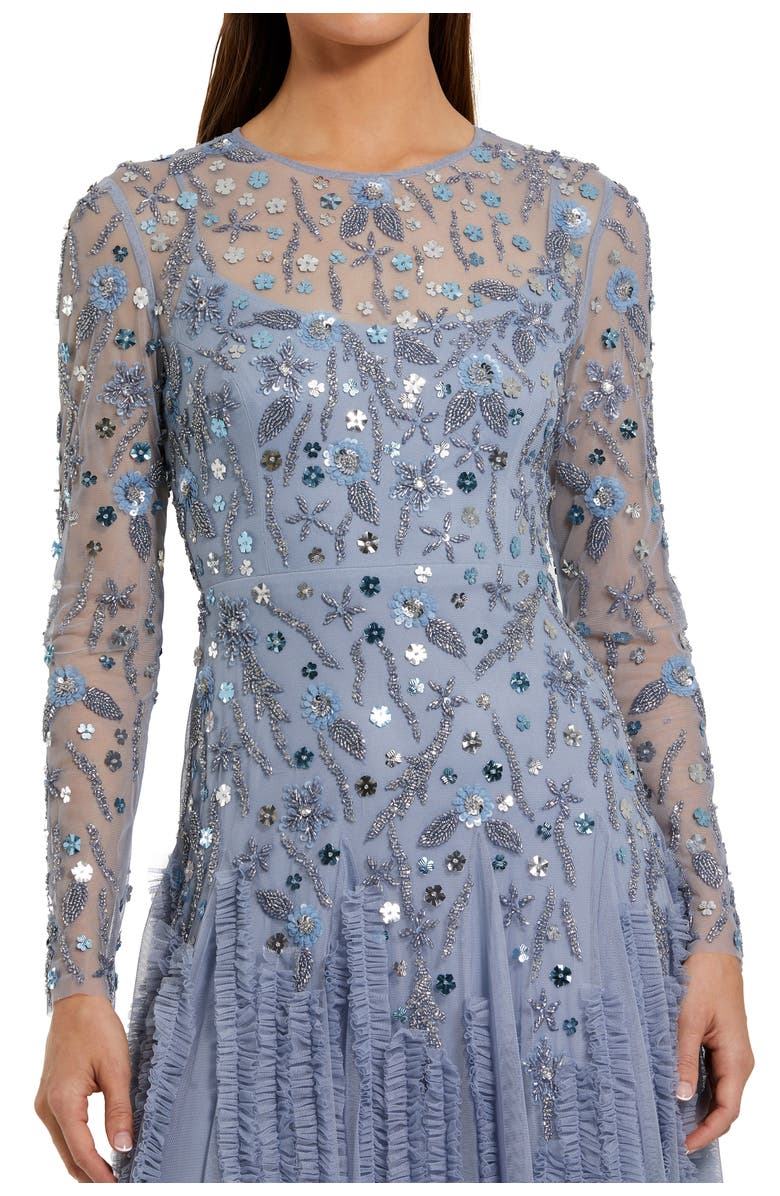 Mac Duggal Embellished Mesh Long Sleeve Ruffle hem Gown, Alternate, color, Slate Blue