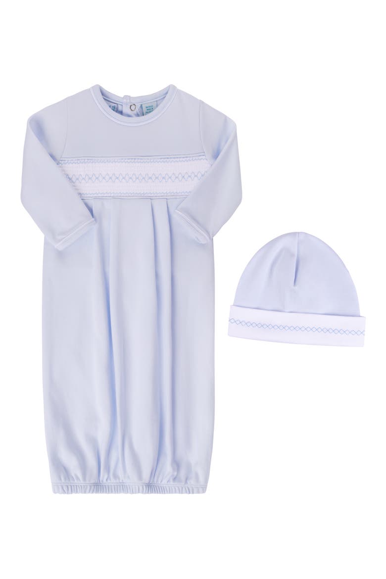 Smocked Argyle Cotton Gown & Bonnet Set, Main, color, BLUE