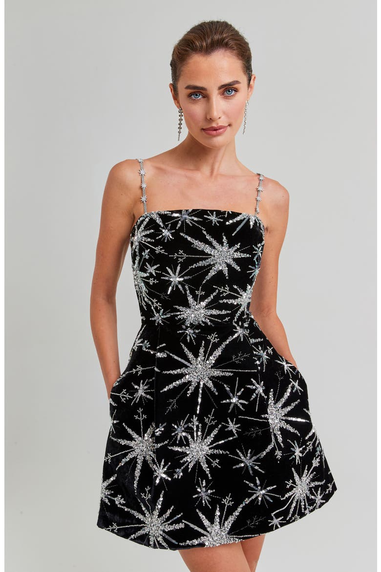 Stella Rhinestone Star Print Cocktail Minidress, Alternate, color, BLACK