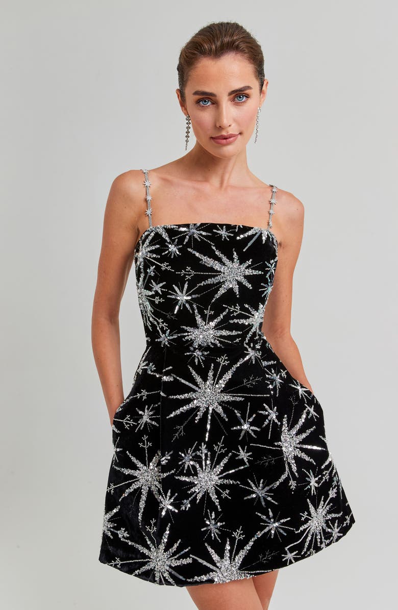 NADINE MERABI Stella Rhinestone Star Print Cocktail Minidress, Alternate, color, Black