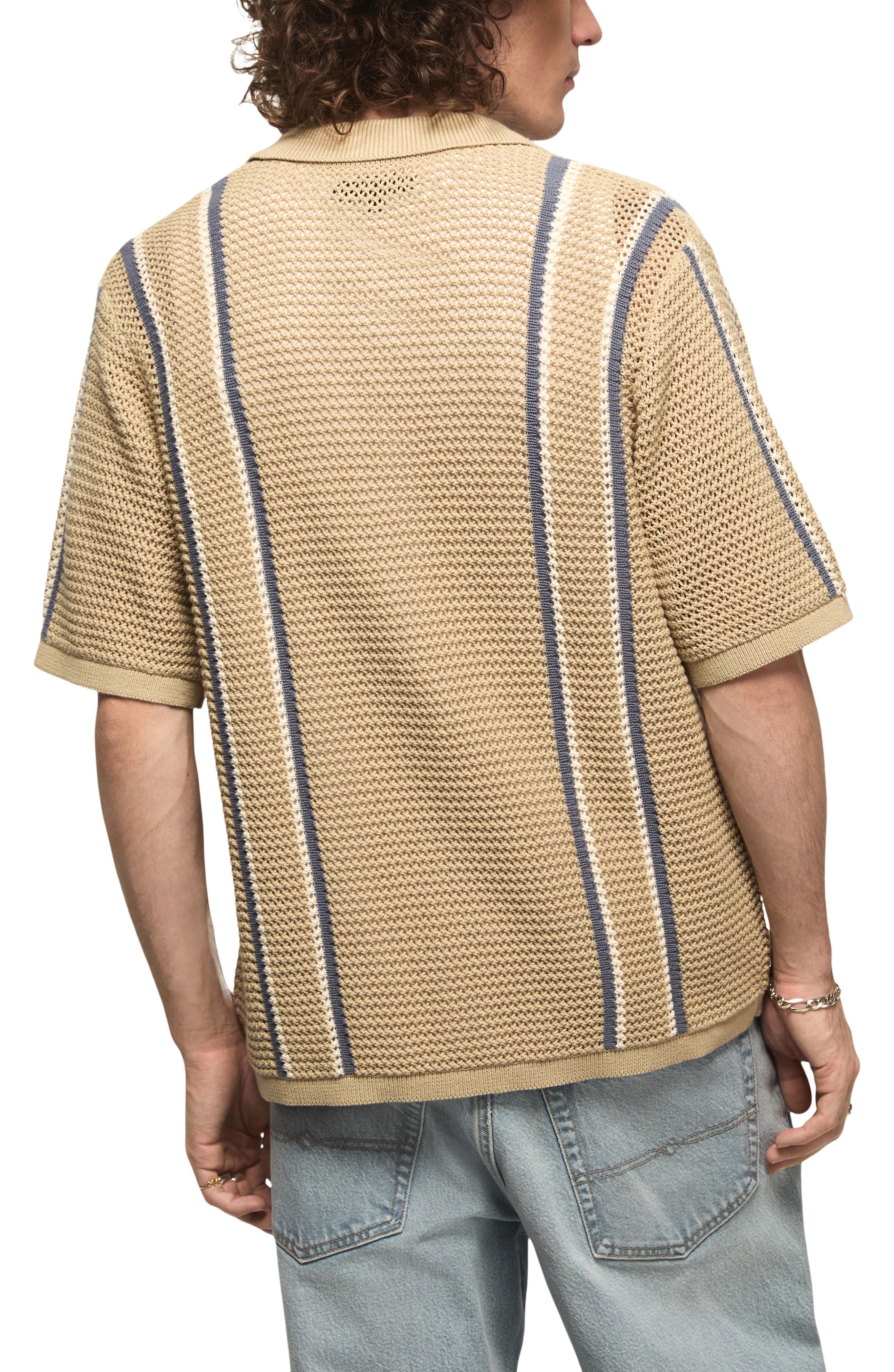 Stripe Short Sleeve Cotton Button-Up Sweater - image 2
