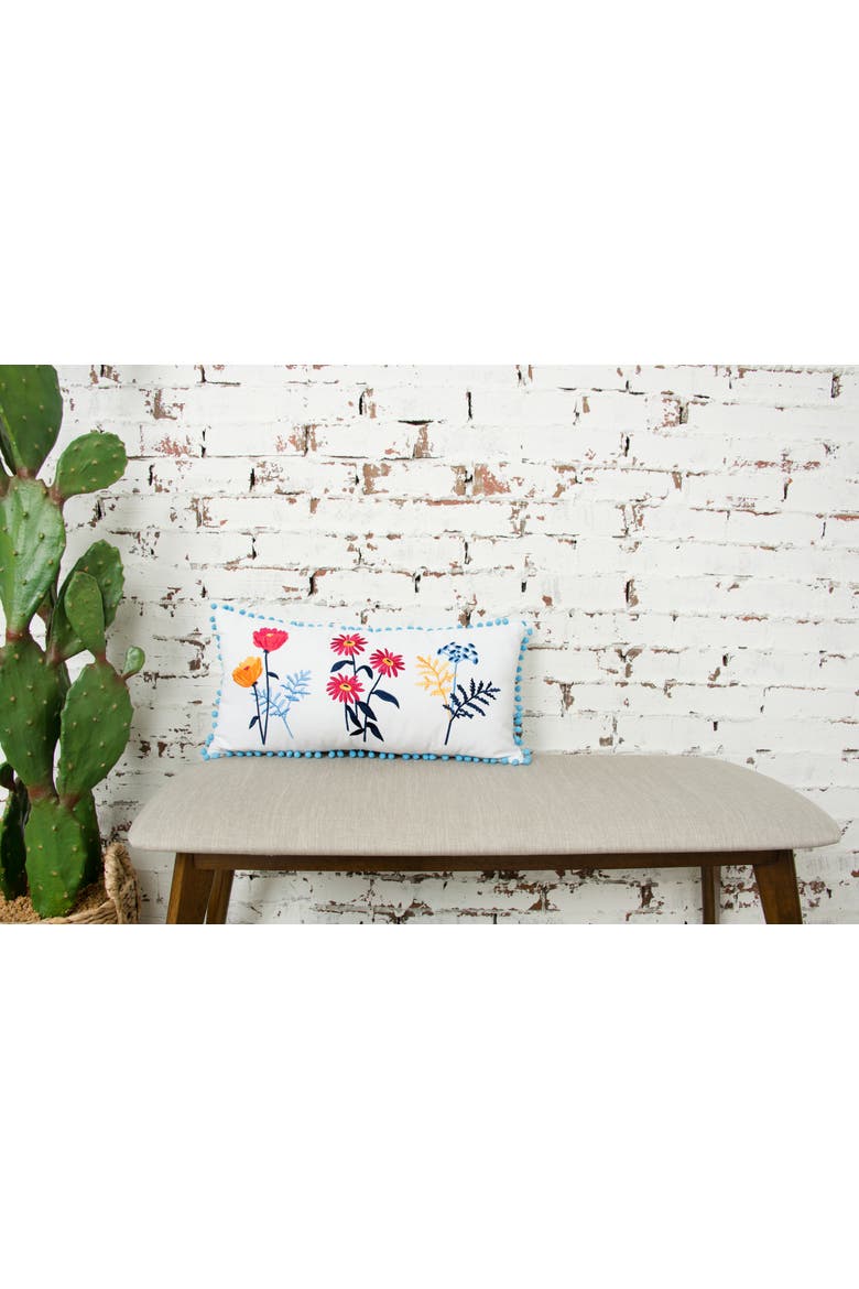 Lola Boho Embroidered Floral Cotton Decor Throw Pillow, 12" x 24" with Pom Pom Edges, Alternate, color, Blue