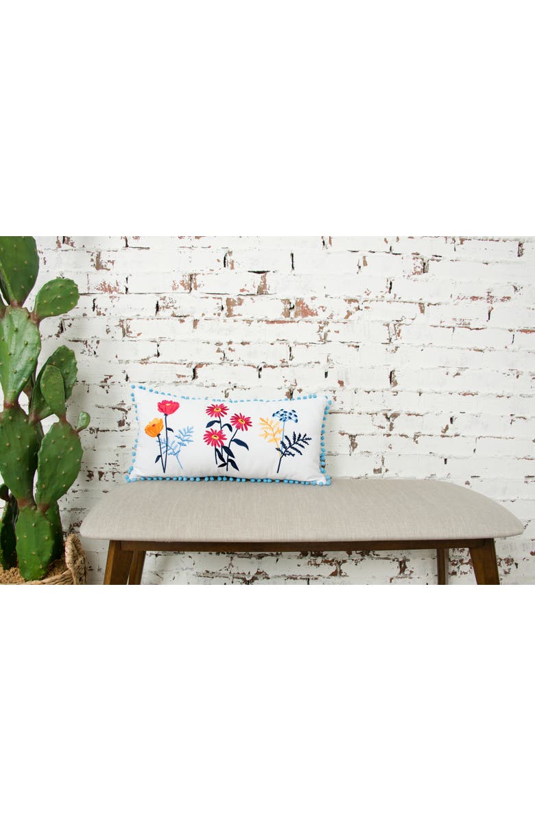 carol & frank Lola Boho Embroidered Floral Cotton Decor Throw Pillow, 12" x 24" with Pom Pom Edges, Alternate, color, Blue