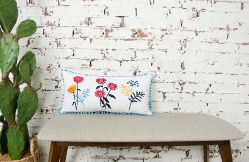 Carol & Frank Lola Boho Embroidered Floral Cotton Decor Throw Pillow, 12" X 24" With Pom Pom Edges In Multi