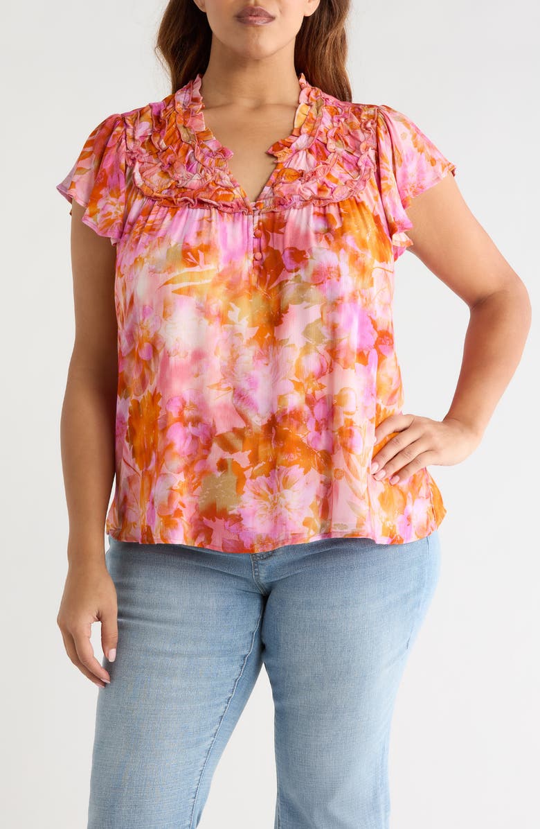 Liverpool Los Angeles Floral Print Flutter Sleeve Top, Main, color, Orange/ Pink Multi