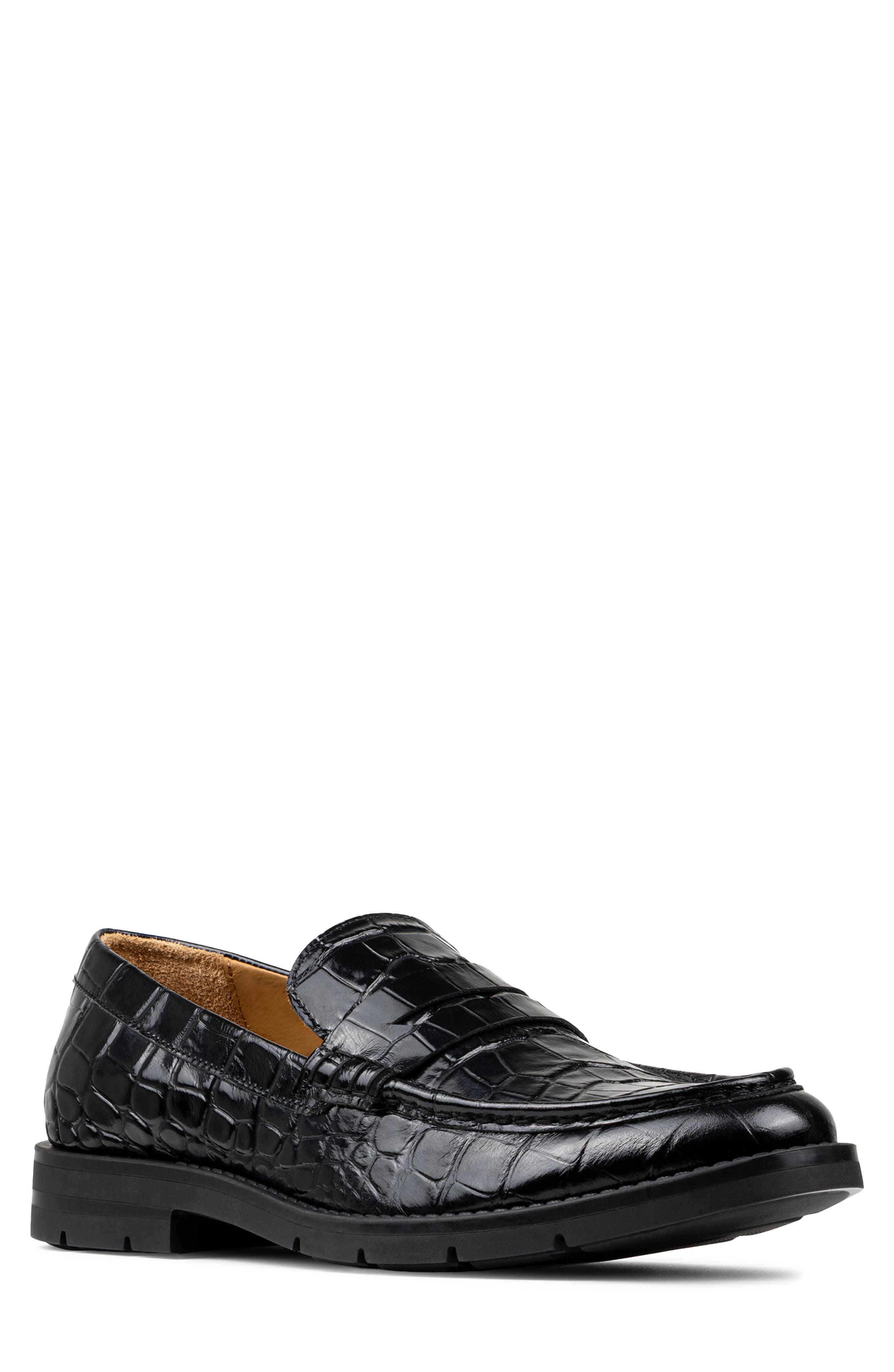 Donald Pliner Caiden Croc Embossed Penny Loafer, Main, color, Black