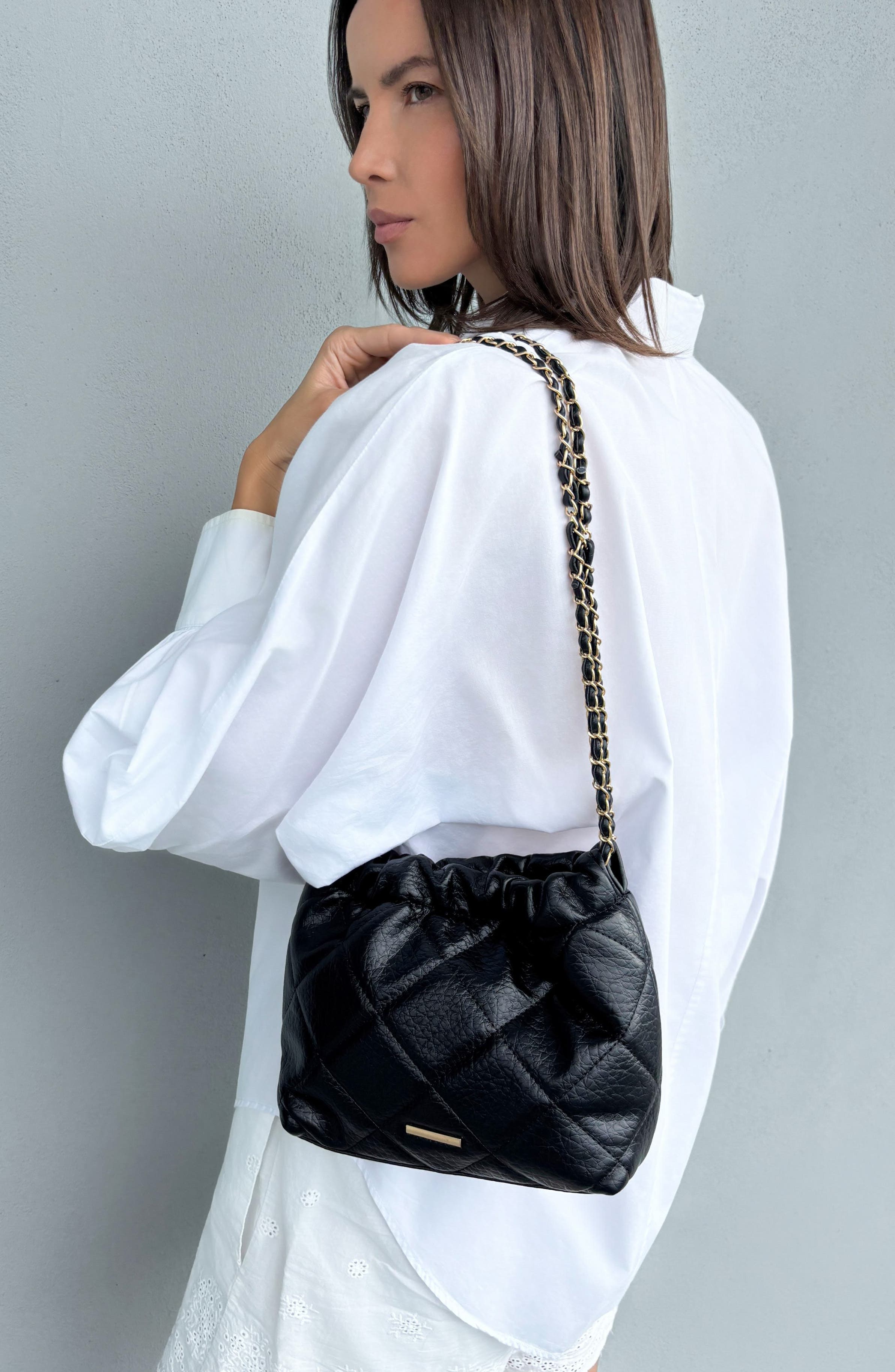 Adornia Quilted Faux Leather Bucket Bag, Alternate, color, Black