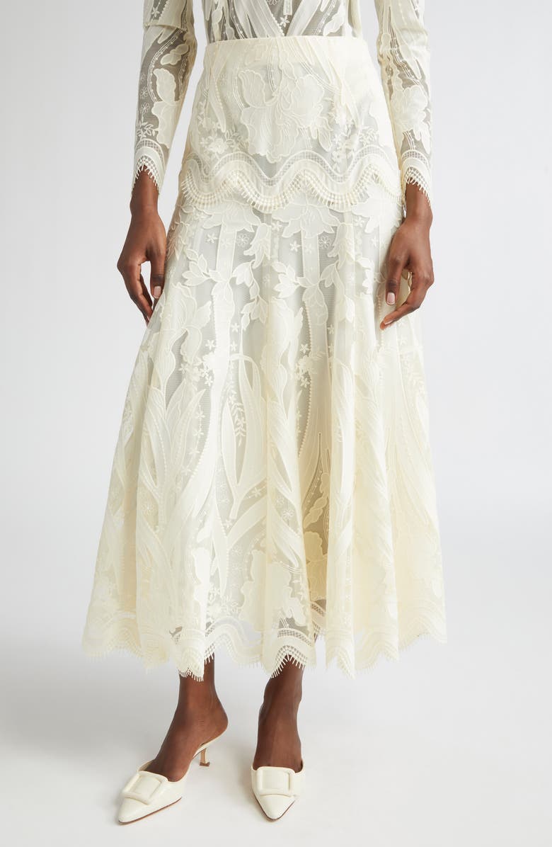 Lela Rose Floral Lace A-Line Skirt, Main, color, Cream