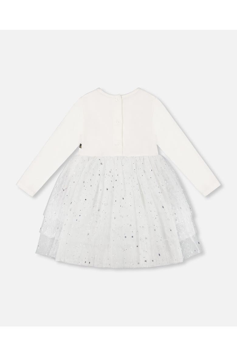 Baby Girl's Bi-Material Dress With Glittering Tulle Skirt Off White, Alternate, color, Off White