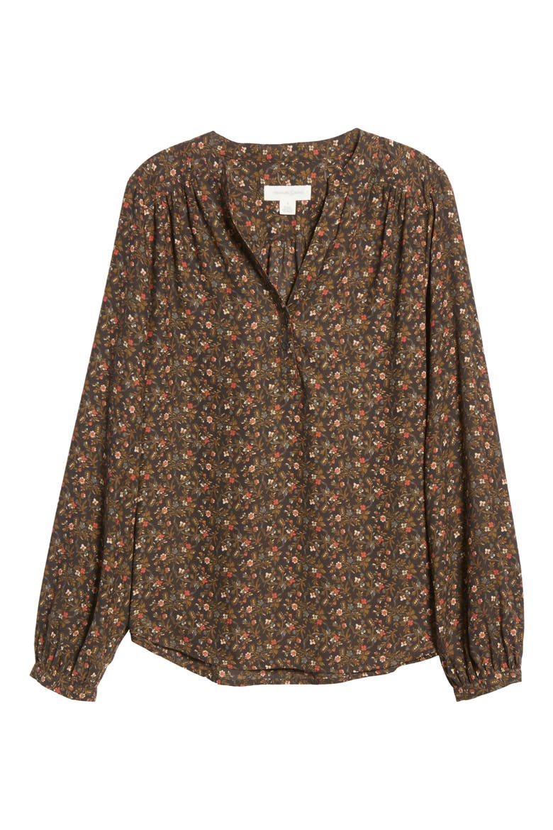 Shirred Popover Top, Alternate, color, BROWN GANACHE PINE FLORAL