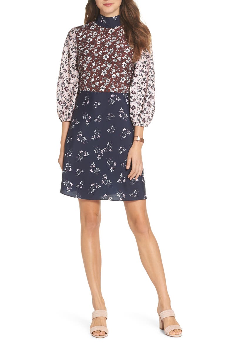 Colorblock Floral Woven Dress, Main, color, NAVY PINK FLORAL