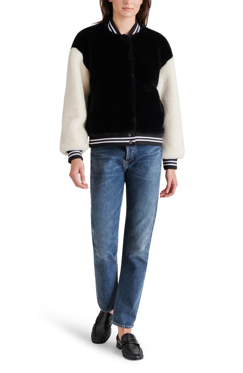 Steve Madden Faux Fur Varsity Jacket, Alternate, color,