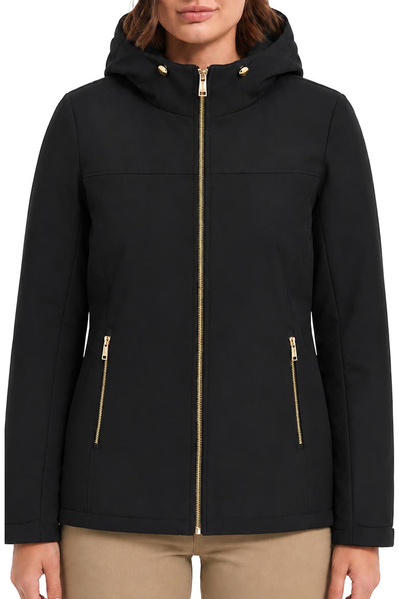 Water Resistant Faux Fur Lined Softshell Jacket, Main, color, BLACK