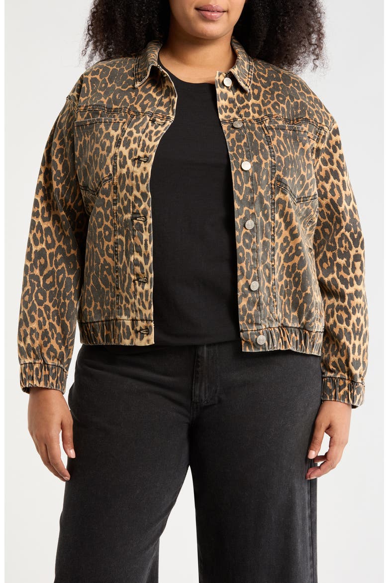 Leopard Print Oversize Trucker Jacket, Main, color, DARK TAN