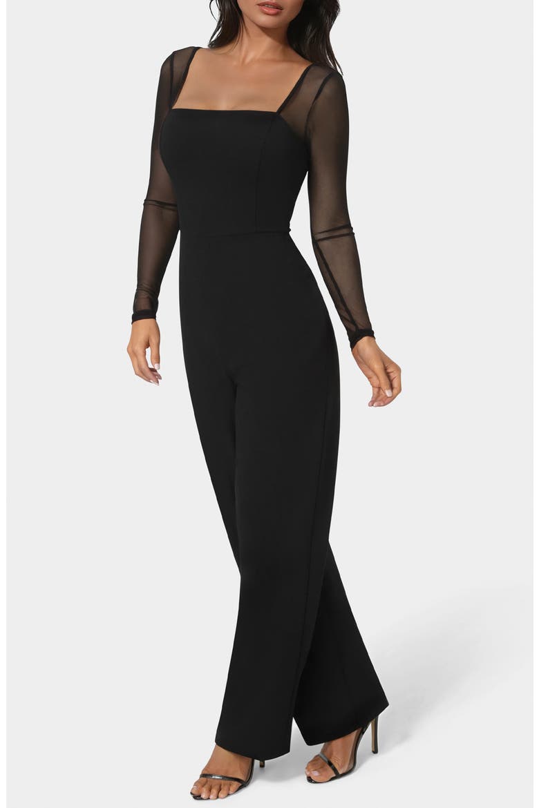 Square Neck Mesh Long Sleeve Jumpsuit, Alternate, color, BLACK