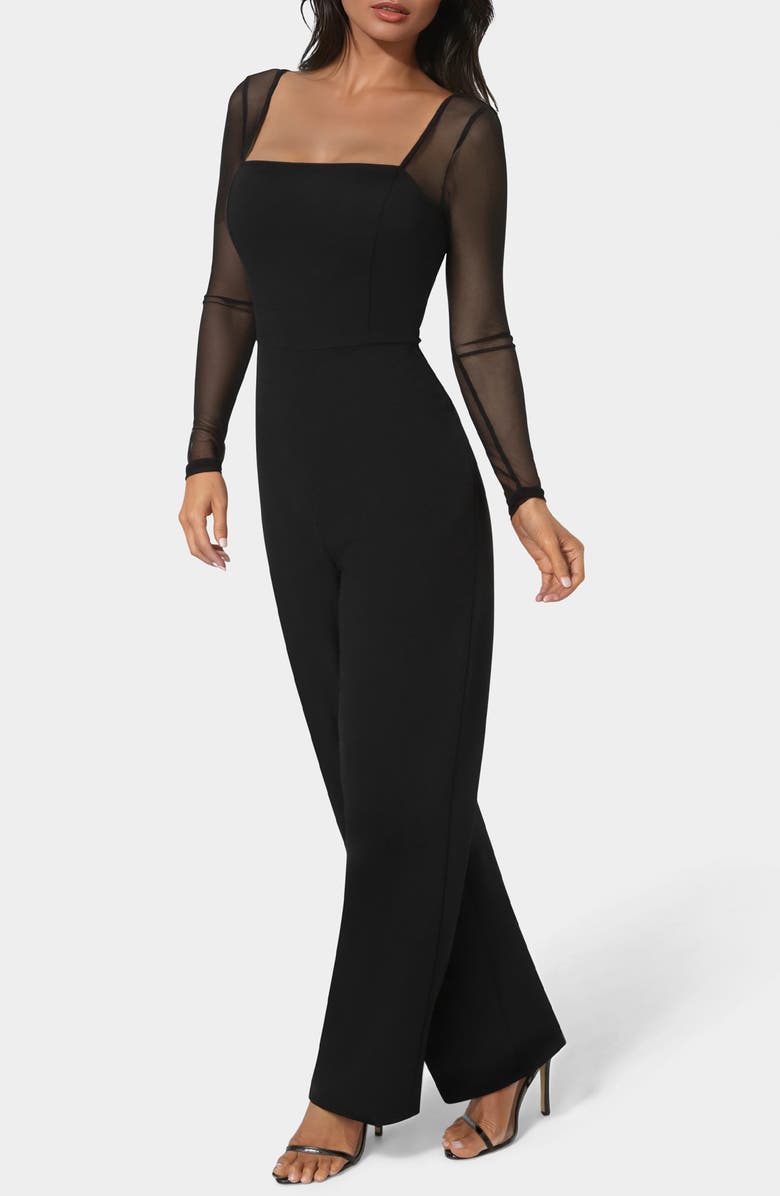 bebe Square Neck Mesh Long Sleeve Jumpsuit, Alternate, color, Black