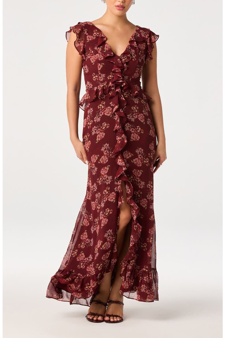 Joana Floral Ruffle Maxidress, Alternate, color, WINE FLORAL