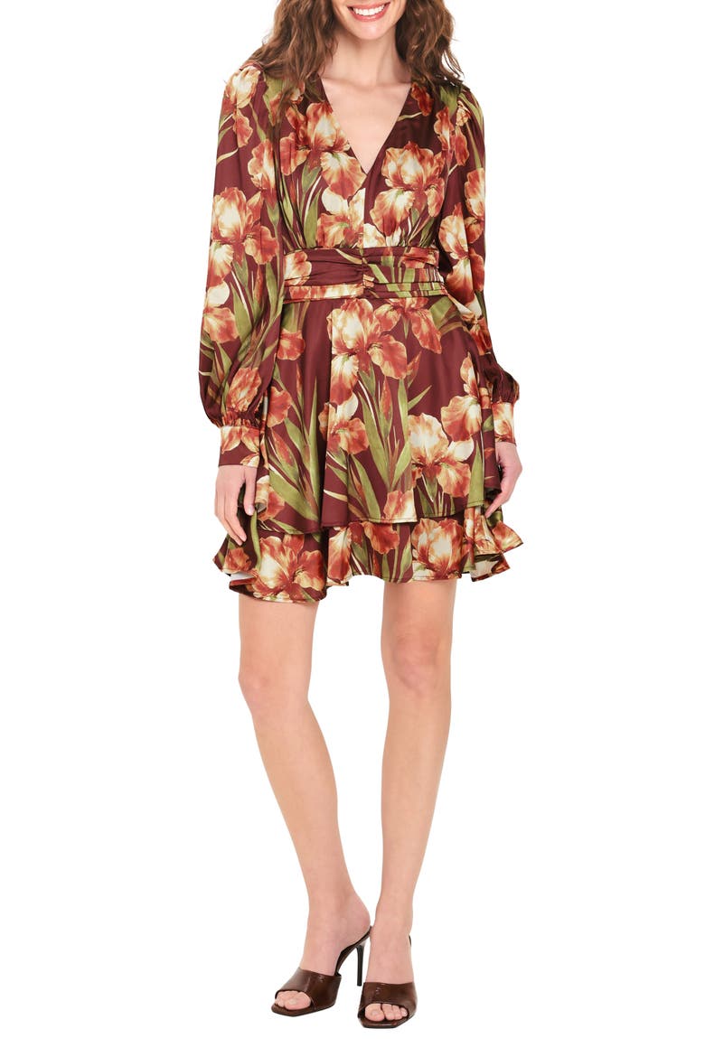 Floral Long Sleeve Minidress, Main, color, BURGUNDY