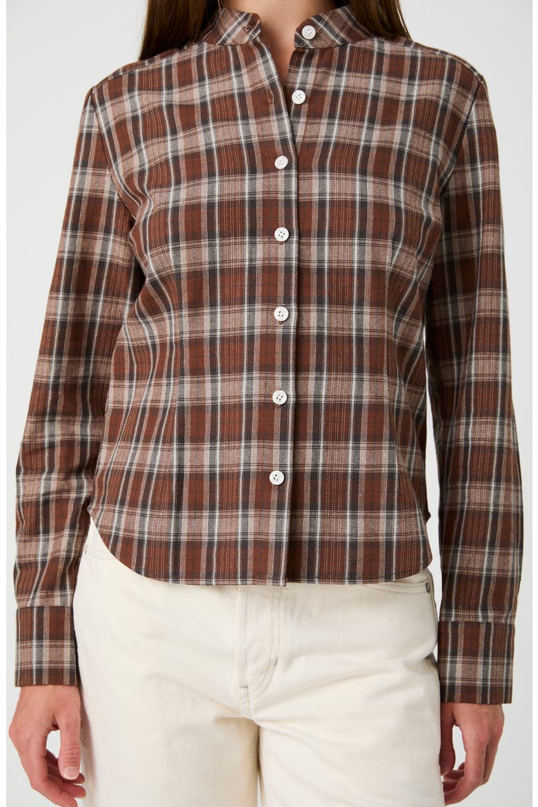 Fitted Plaid Stand Collar Shirt, Alternate, color, BROWN PLAID
