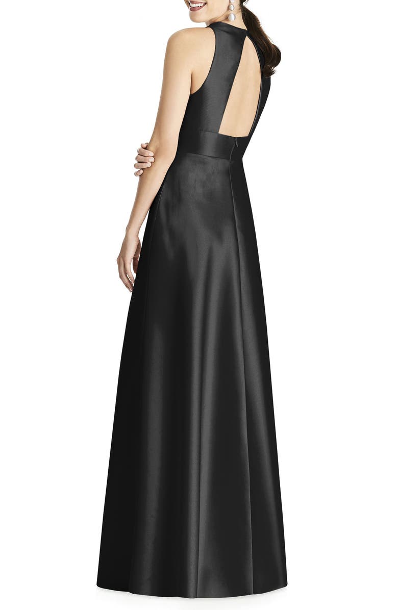 Alfred Sung Cutout Back Satin A-Line Gown, Alternate, color, 