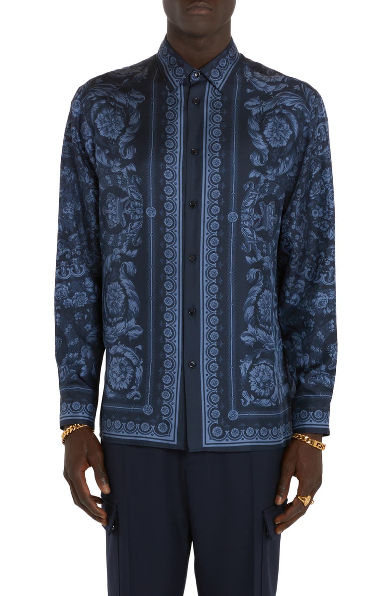 Versace Barocco Print Silk Button-Up Shirt, Main, color, Navy Blue