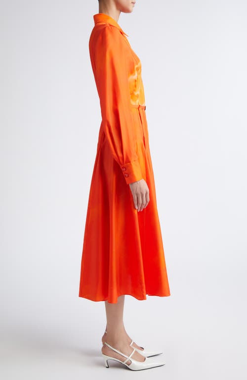 Jason Wu Collection Watercolor Floral Print Pleated Long Sleeve Silk Twill Shirtdress In Orange