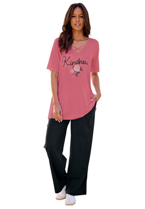 Plus Size Lace Up V Neck Short Sleeve Print Tunic