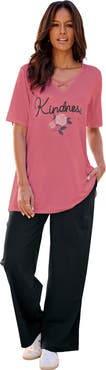Roaman's Plus Size Lace Up V Neck Short Sleeve Print Tunic