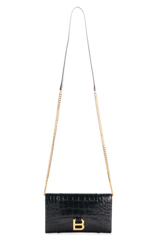 Balenciaga Hourglass Croc Embossed Patent Leather Wallet On A Chain In Black