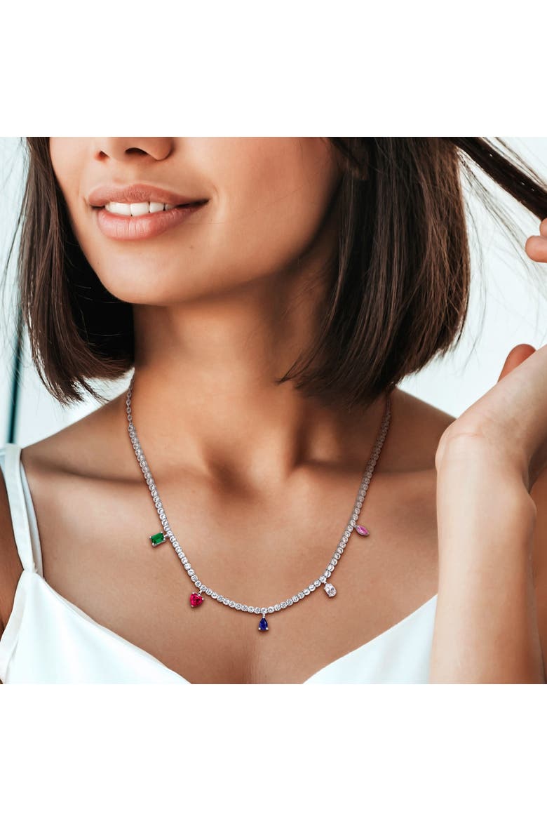Multi Lab-Created Gemstone Charm Necklace, Alternate, color, Sterling Silver