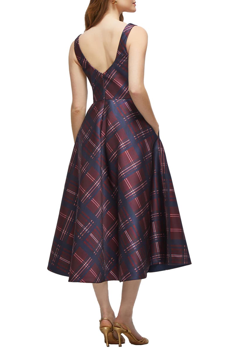 Dessy Collection Alba Tartan Square Neck Midi Cocktail Dress, Alternate, color, Cabernet Midnight