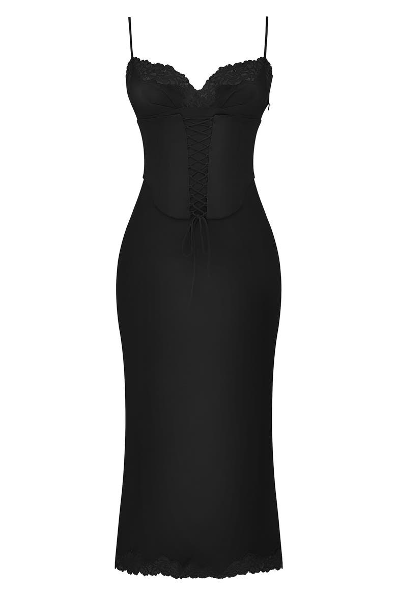 Salma Corset Satin Slipdress, Alternate, color, BLACK