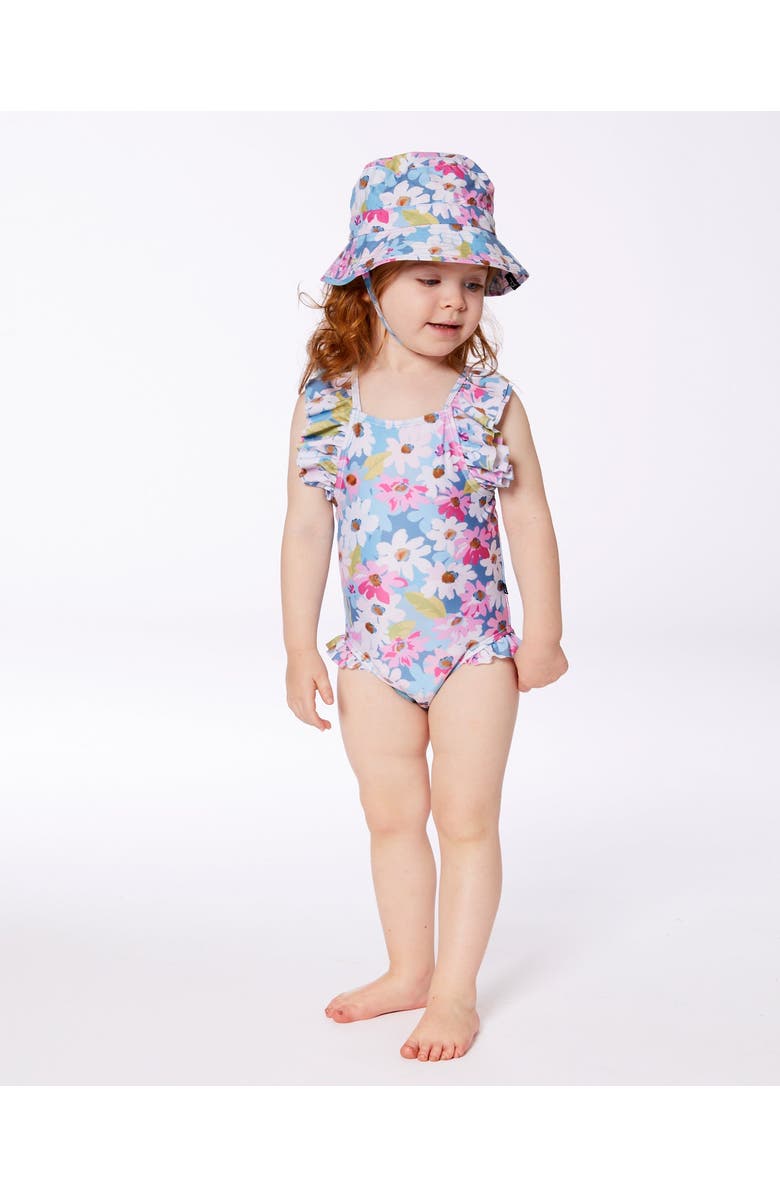 Deux par Deux Little Girl's Printed One-Piece Swimsuit With Frills White, Pink, And Green Flowers, Alternate, color, White, Pink, And Green Flowers