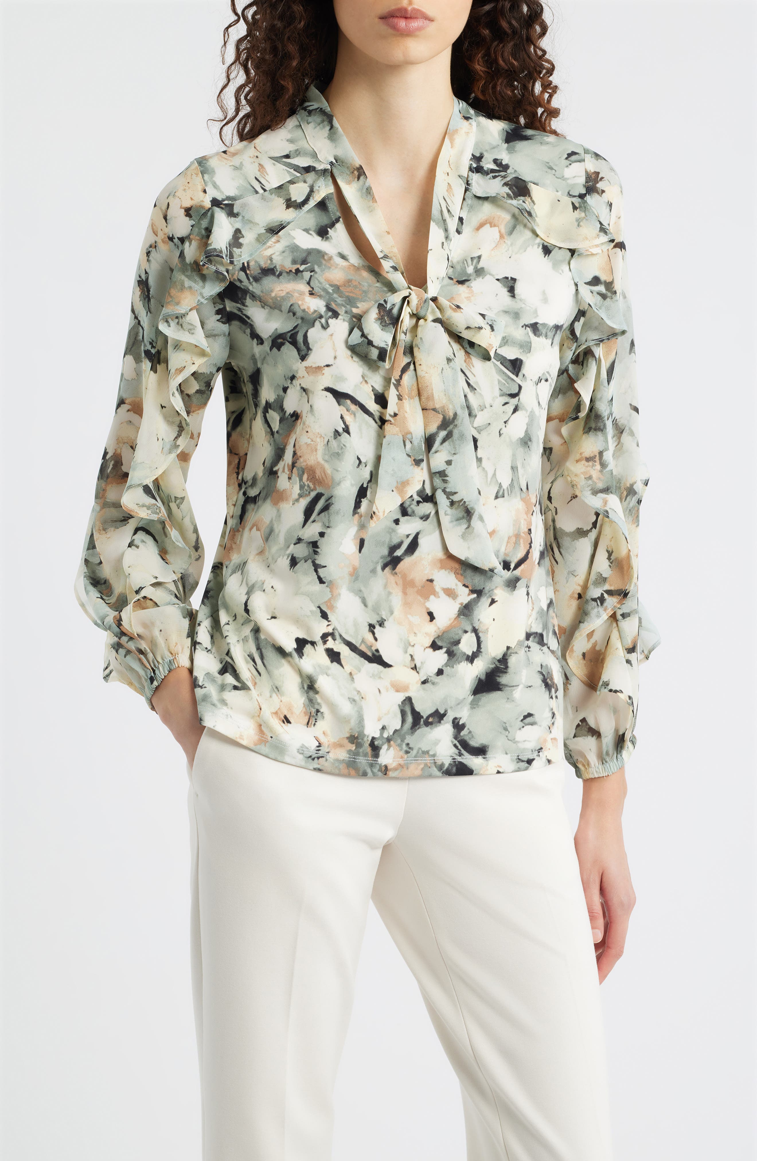 Anne Klein Printed Ruffle Tie Neck Top