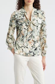 Anne Klein Printed Ruffle Tie Neck Top