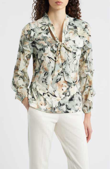 Anne Klein Printed Ruffle Tie Neck Top
