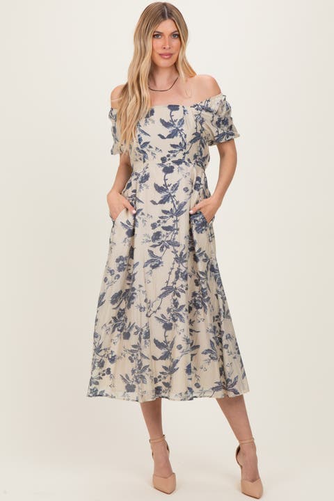 Floral Square Neck Puff Sleeve Midi Dress