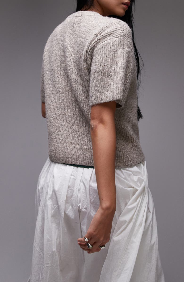 Topshop Short Sleeve Cardigan, Alternate, color, Stone