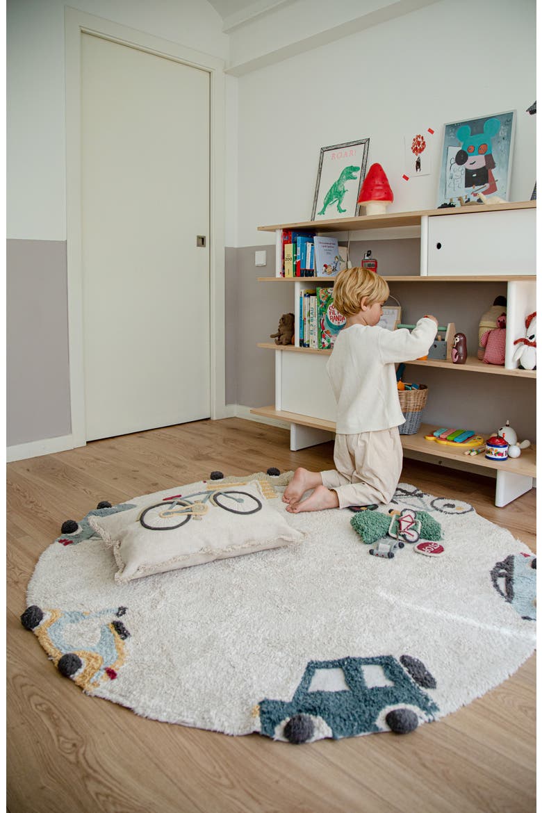 Kids' Washable Round Wheels Rug, Alternate, color, NATURAL BLUE HONEY OLIVE