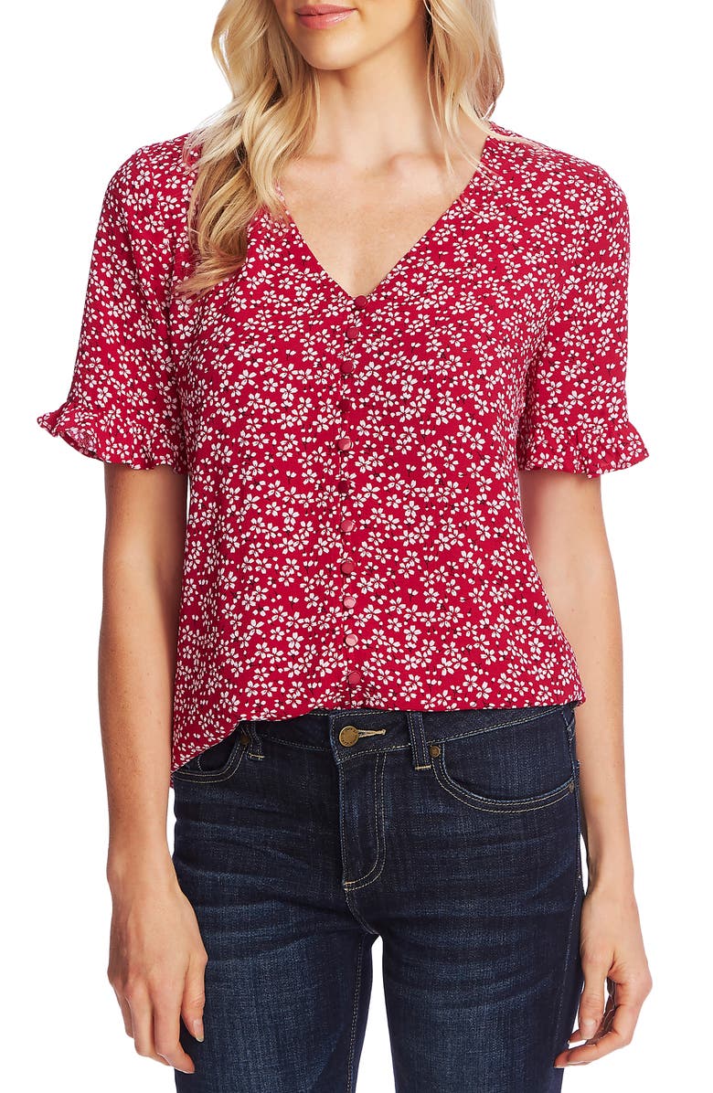 CeCe Sakura Delight Floral Ruffle Sleeve Blouse, Main, color, Plumeria